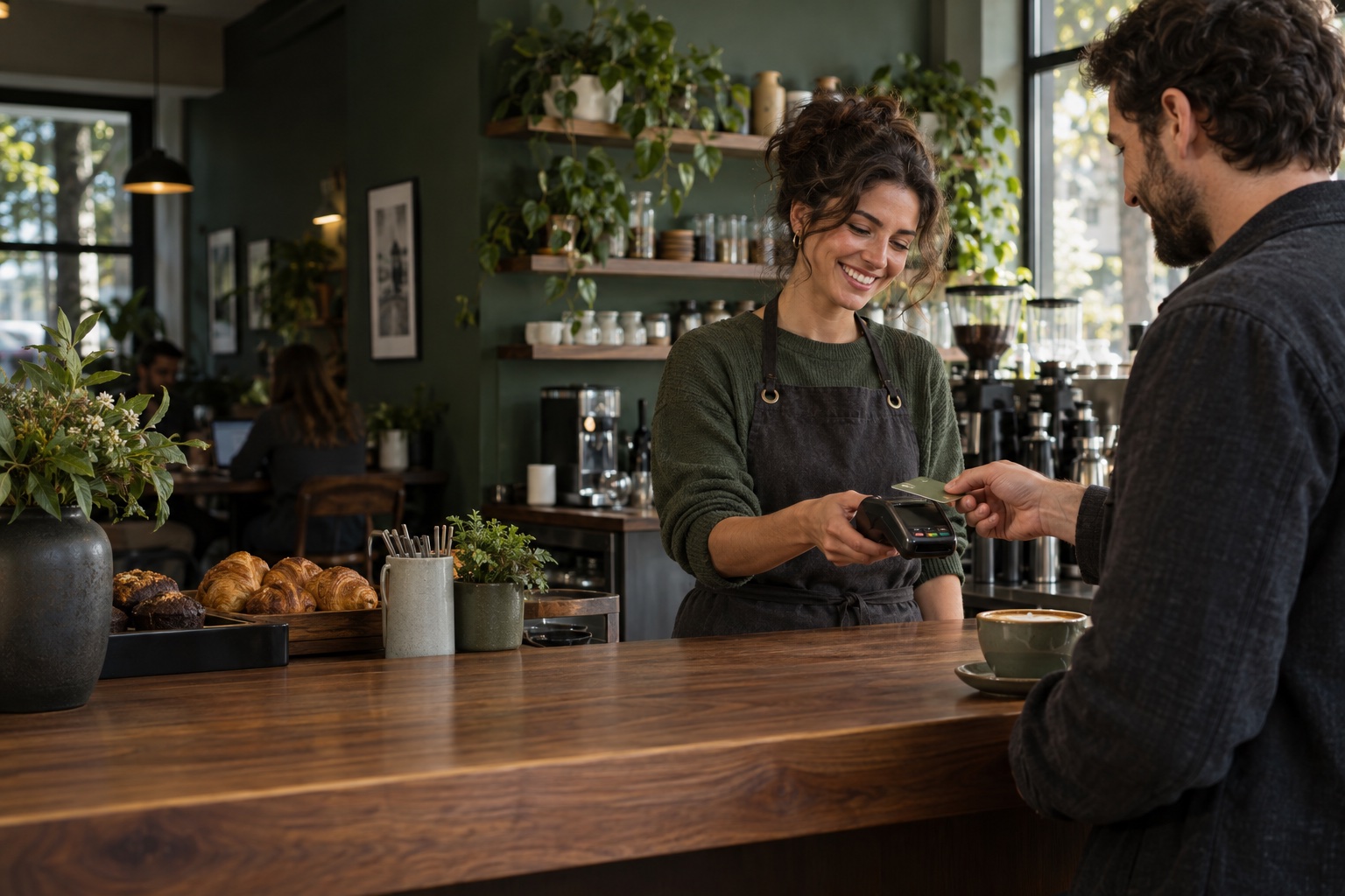 A shop owner helping a customer pay by card at the counter